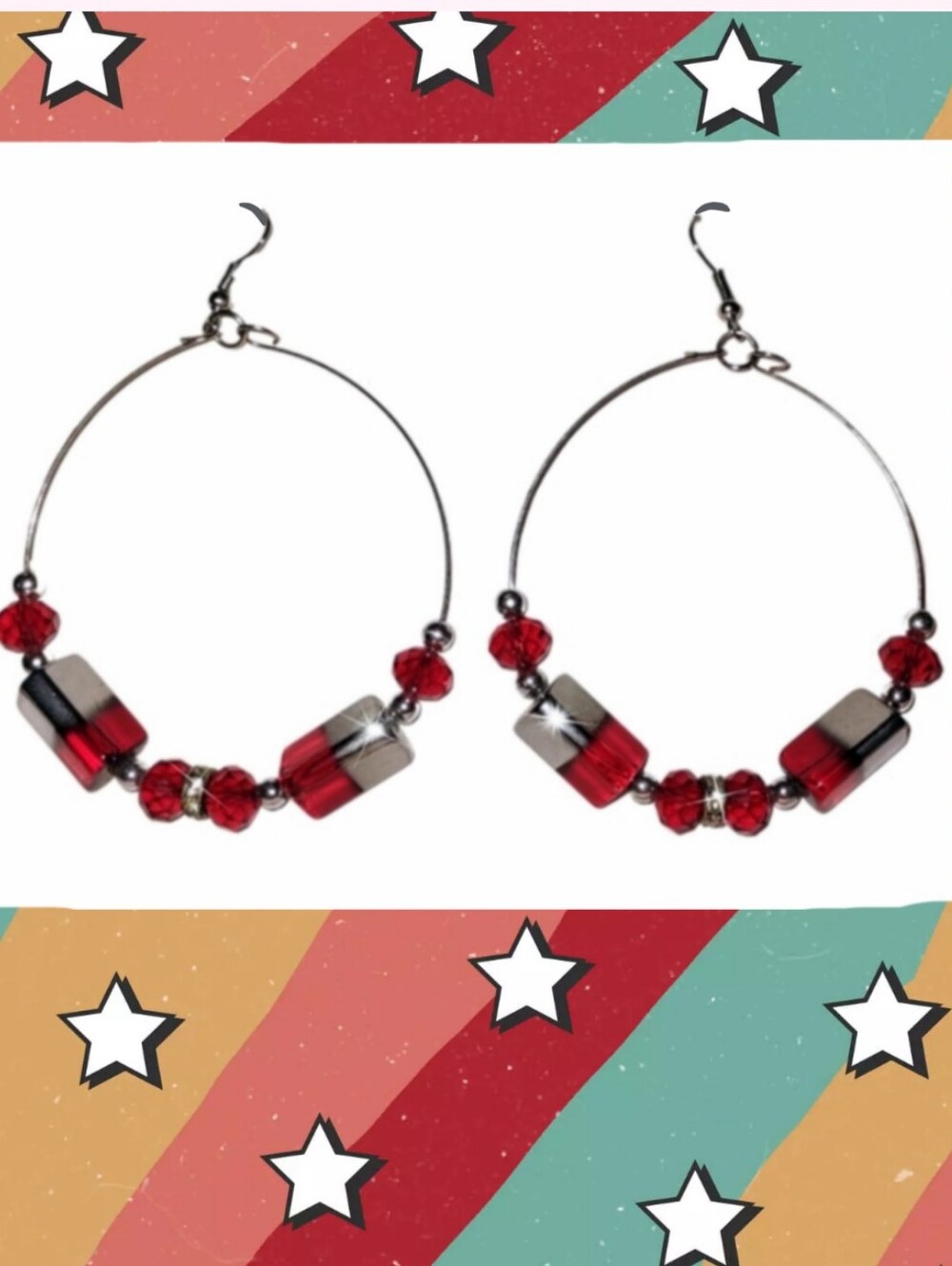 Red & Gray Beaded Wire Hoop Earrings >Must Bundle<